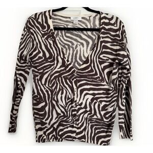 Ann Taylor LOFT Zebra Print Cardigan Sweater Small Pima Cotton V-Neck Button Up